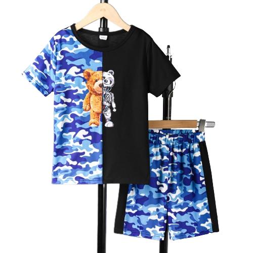 7-15Y Ready Stock Kids Clothes Boys Clothes Shorts Sets Bear Pattern Splice Camouflage Print T-shirt Tops Elastic Shorts 2Pcs Outfits For Summer Blue Catpapa 462306016