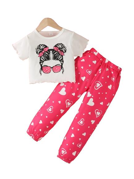 4-7Y Ready Stock Kid Girls' Valentine's Day Pants Sets Anime Girls Print Pagoda Sleeve Tops Elastic Heart Print Trousers 2Pcs Clothing From 4Y-7T White Catpapa  GS132312162