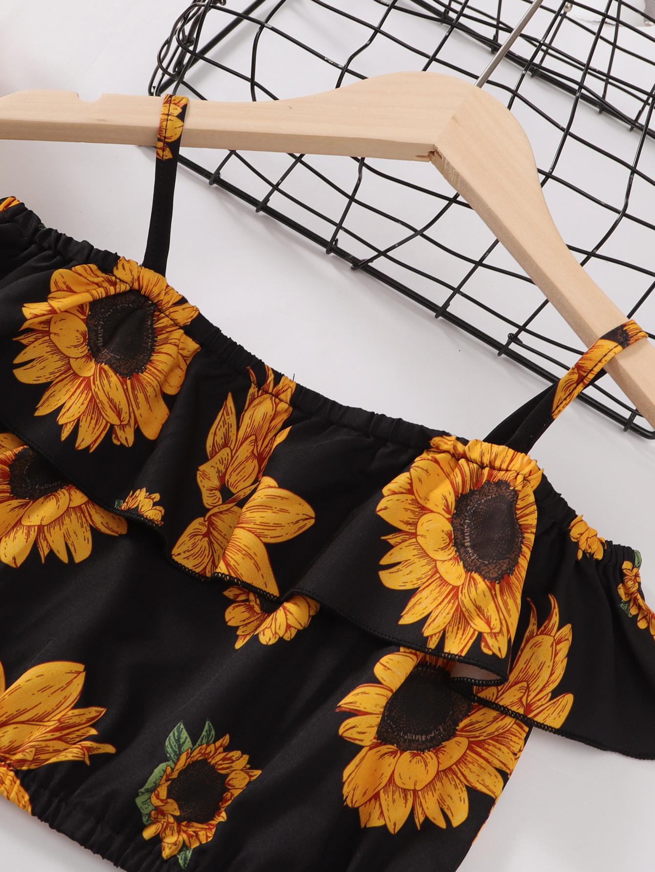 5-14Y Ready Stock Kids Girls Summer Outfits Sunflower Print Straps Lotus Leaf Collar Tops Elastic Shorts 2Pcs Clothes Set Black Catpapa 462302006