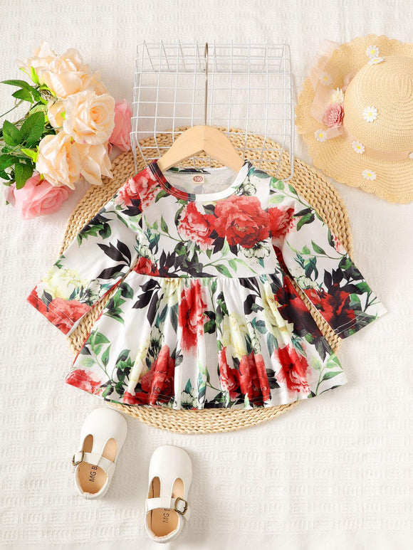6M-5Y Kid fashion Baby Girls Clothes Long Sleeve Floral Print One Piece Tops White Catpapa 190700T