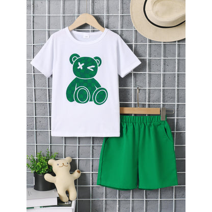 7-15Y Ready Stock Kids Clothes Boys Outfits Shorts Sets Bear Print Shorts Sleeve Tops Elastic Shorts 2Pcs Summer Clothes Set Green Catpapa 462306011