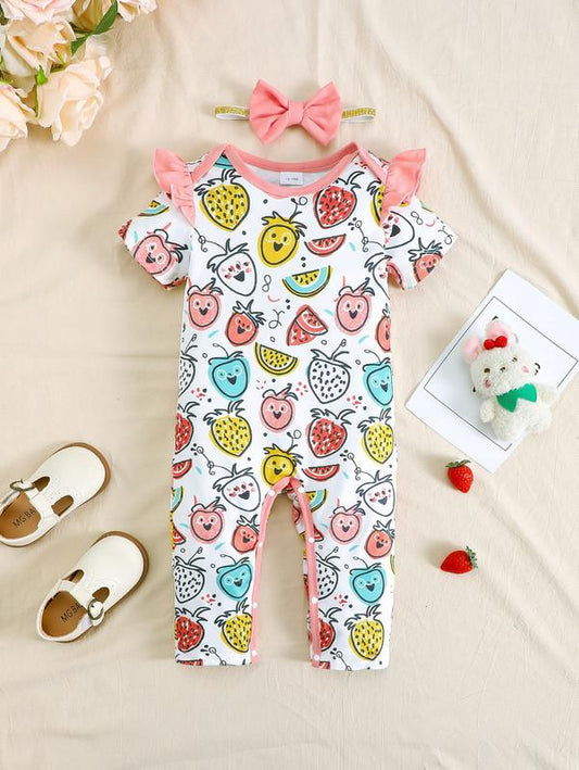1-18M Ready Stock 1-18M Baby Girls Summer Clothes Fruits Print Playsuits Ruffle Short Sleeve Bodysuits With Headband 2Pcs Romper Sets White catpapa 132312176