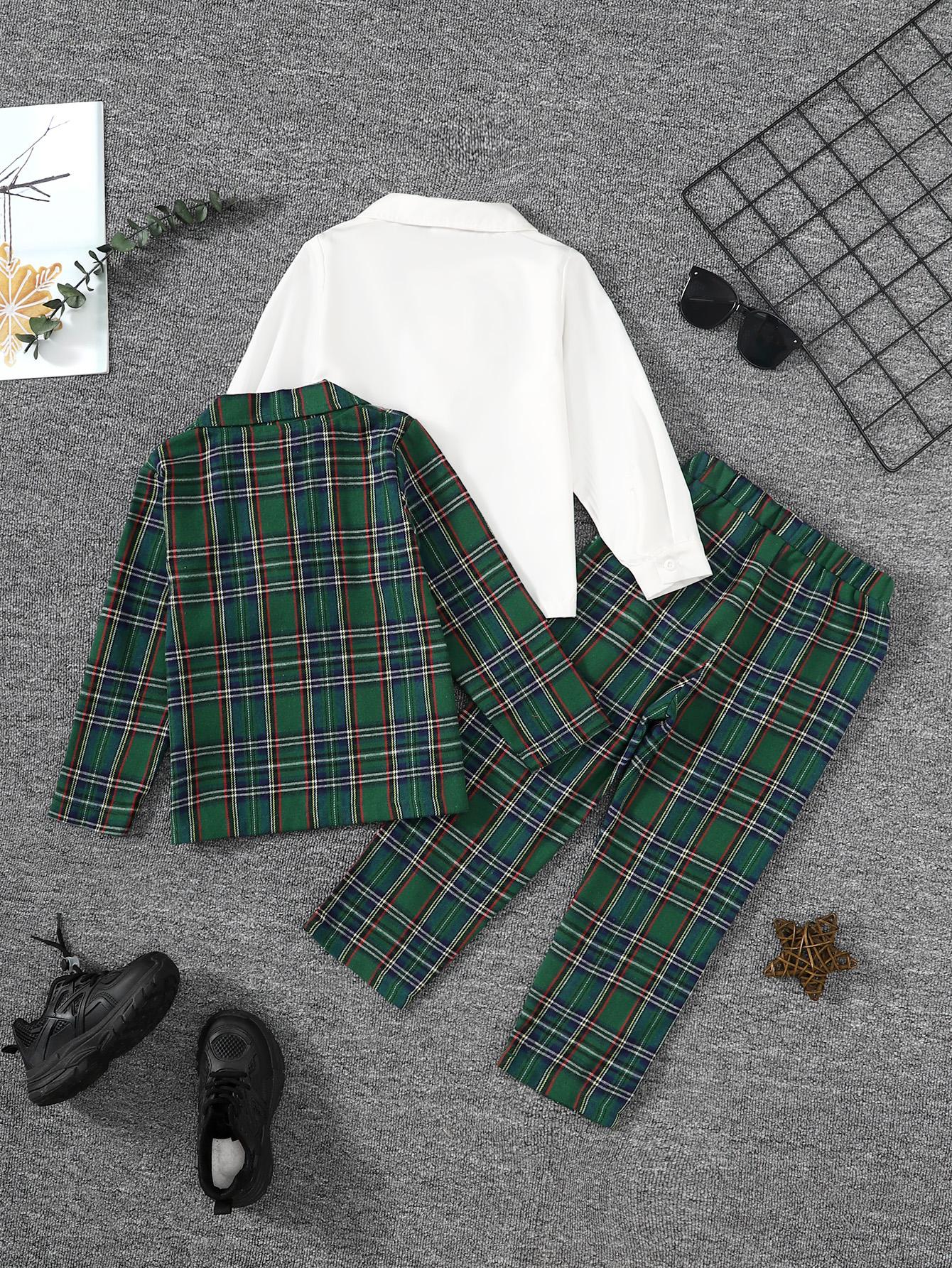 4-7Y Ready Stock 3pcs Boy's Plaid Patter Gentleman Outfit, Bowtie Shirt & Suit & Pants Set, Formal Wear For Speech Performance Birthday Party, 4-7y Kid's Clothes Catpapa 462308166