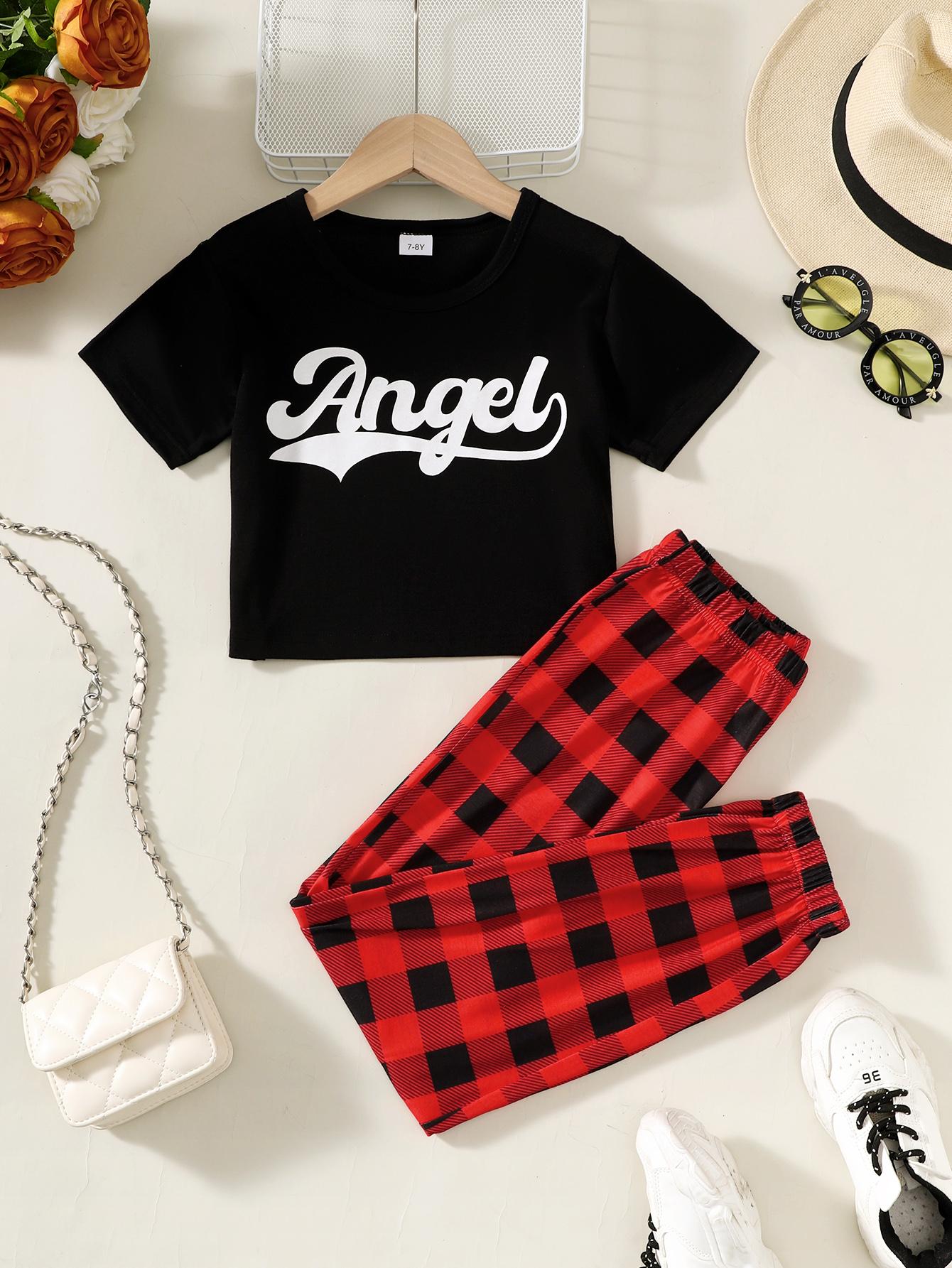 7-14Y Ready Stock Kid Girls Pants Sets "Angel" Letter Print Short Sleeve T-shirt Elastic Plaid Trousers 2Pcs Spring Fall Clothing From 7Y-14Y Red Catpapa 462312012