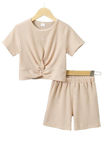 5-14Y Ready Stock Kids Girls Summer Clothes Pure Color Twist Tops Elastic Shorts 2Pcs Outfits Sets Apricot Catpapa 462303023