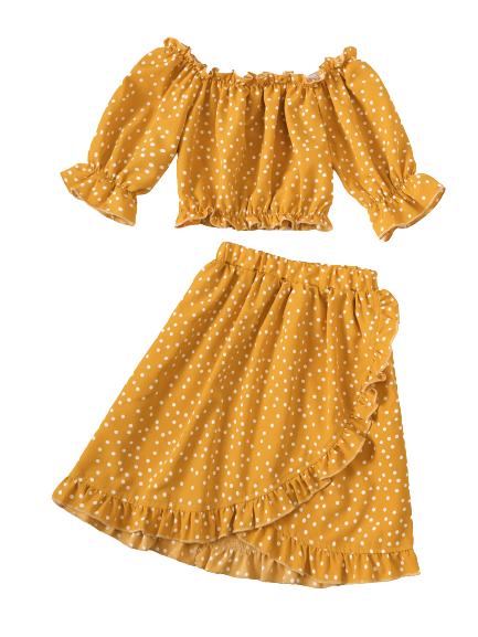 18M-6Y Kids Fashion Ready Stock Girls Outfits Wave Point Pagoda Sleeve Tops Elastic Skirts 2Pcs Clothes Set Yellow Catpapa 623030009
