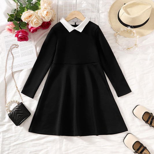 5-14Y Ready Stock Kids Clothes Girls Dress Solid Color Long Sleeve Turn-down Collar Leisure Dress One Piece Elegant Dress Black Catpapa 462305002