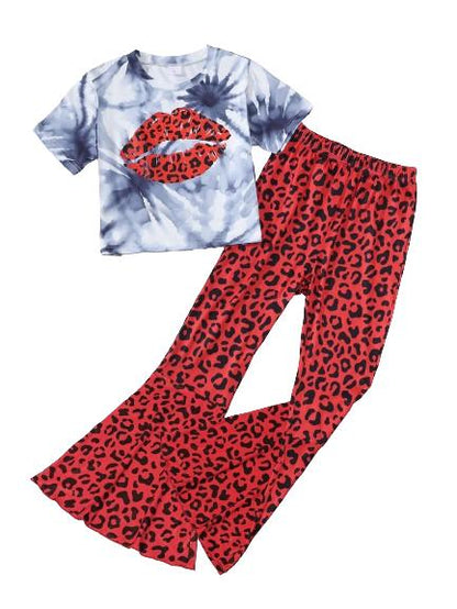 8-14Y 2pcs Girls Casual Tie-dye Valentine's Day Lips Graphic Short Sleeve T-shirt Elastic Leopard Print Flare Pants Set For Summer Catpapa 462312016