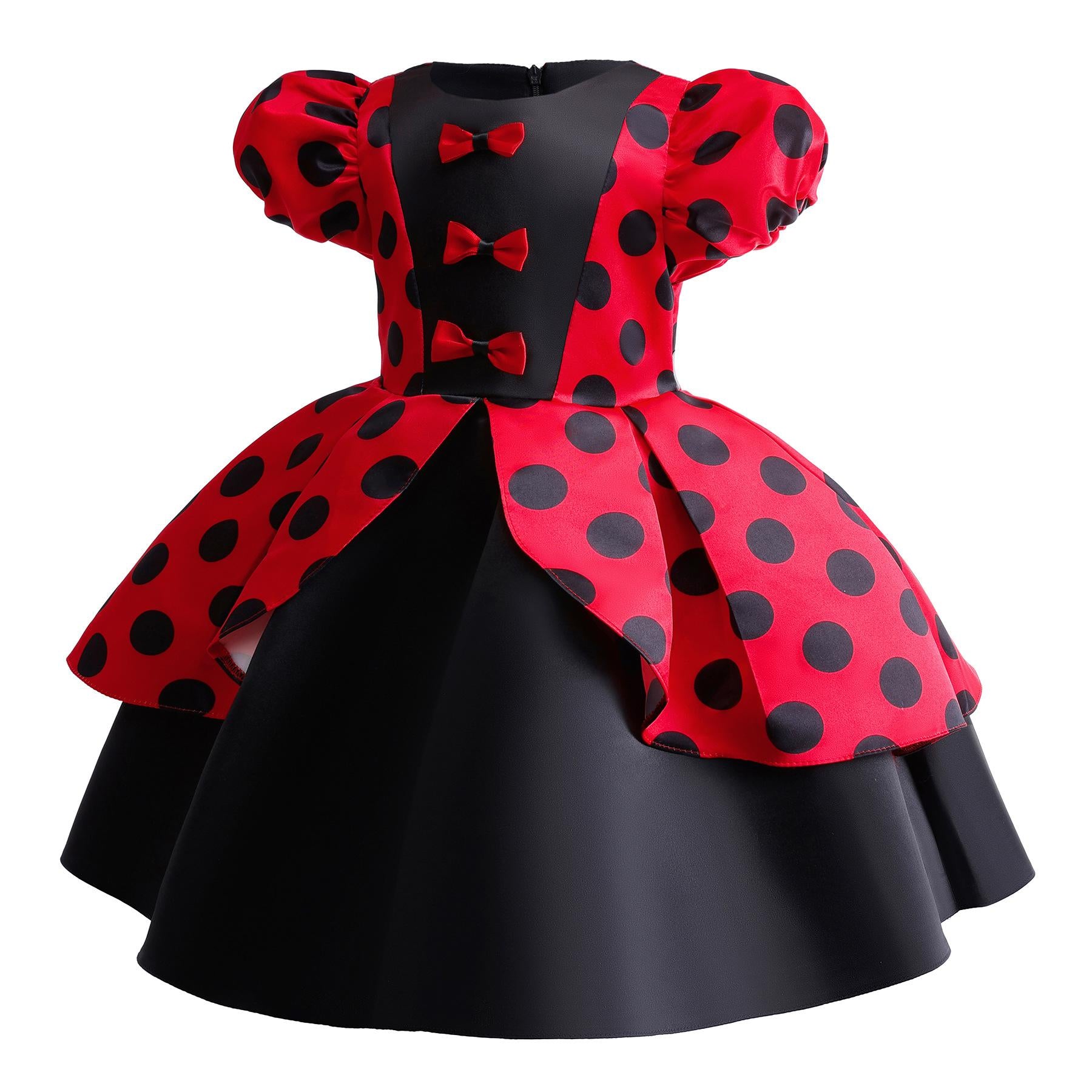 2-10Y Baby Girls Princess Dress Retro Wave Point Print Bubble Sleeve Dress One Piece Party Eneving Dress Red ZT-8685