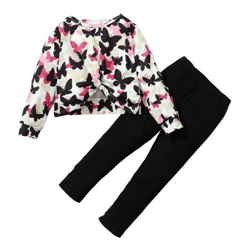 18M-6Y Kids fashion Girls Clothes Girls 2PCS Outfits Butterfly Print Long Sleeve Round Neckline Top Pants Set Black Catpapa 22107087
