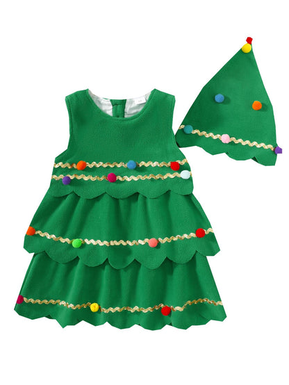 4-7Y Kid Toddler Girls Fall Winter Dress Sets Christmas Tree Shape Layered Sleeveless Dress With Hat 2Pcs Clothing Green Catpapa 462308163