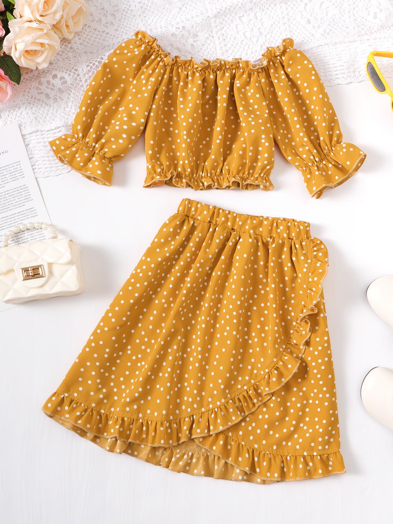 18M-6Y Kids Fashion Ready Stock Girls Outfits Wave Point Pagoda Sleeve Tops Elastic Skirts 2Pcs Clothes Set Yellow Catpapa 623030009
