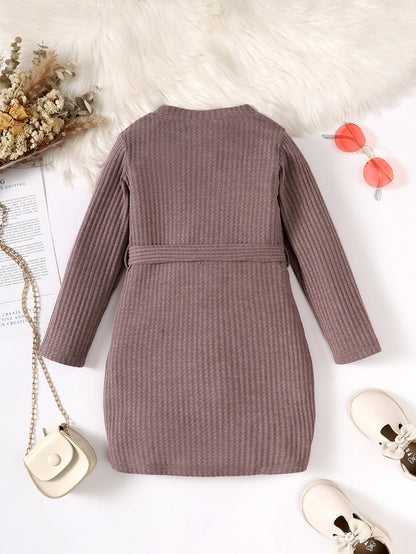 1-8Y Ready Stock Toddler Girls Fall Winter Clothes Waffle Knit Long Sleeve Dress With Belt Pinkish PurpleCatpapa 462304006