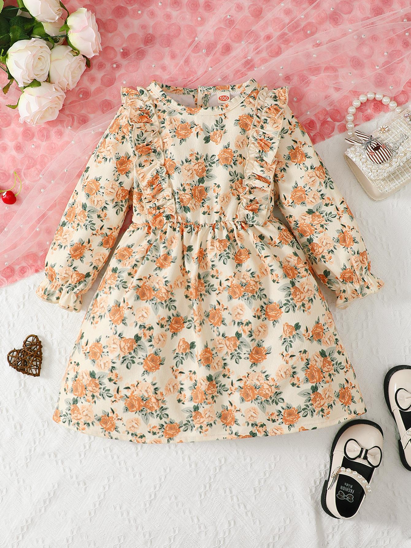 12M-7Y Ready Stock 12M-7Y Kid Toddler Girls Dress Floral Print Long Sleeve Ruffle Corduroy Dress One Piece Casual Dress Catpapa 462308165