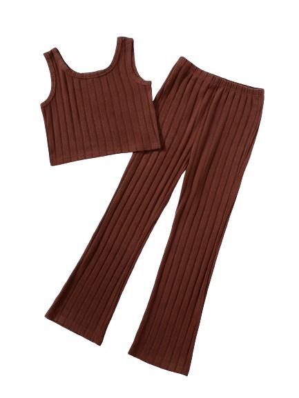 7-14Y Ready Stock Big Girls Summer Rib-knit Outfits Versatile & Classy Sleeveless Top & Skinny Pants Set 2Pcs Clothing From 7Y-14Y Brown Catpapa 462402007
