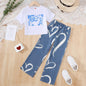 7-14Y Ready Stock Retro Figure Print 2pcs Girl's Short Sleeve T-Shirt Top + Heart Pattern Jeans Casual Pants Set, Summer Girls Outfit 7-14y Catpapa 462312024