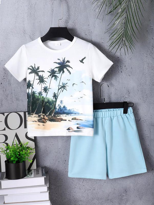 7-15Y Ready Stock Summer Clothes For 7-15y Big Boys Hawaii Style Beach Loose T-shirt Sports Shorts Set 2Pcs Outfits White Catpapa 462402003