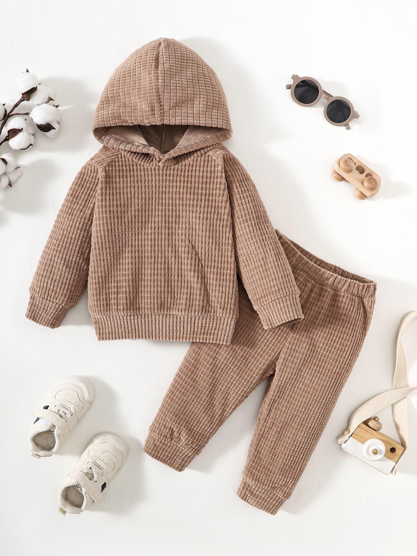 6M-3Y Ready Stock Baby Boys Clothes Boys Waffle Pattern Casual Knitted Long Sleeve Hoodies Tops Elastic Pants 2Pcs Outfits Size: 6M-3Y Khaki Catpapa 462308182