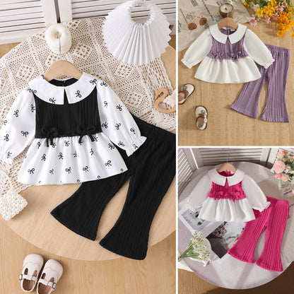 Wholesale 6M-3T Girls 2Pcs Bow Print Patchwork Long Sleeve Outfit Set, Soft Vertical Rib Knit Toddler Blouse & Flare Pants