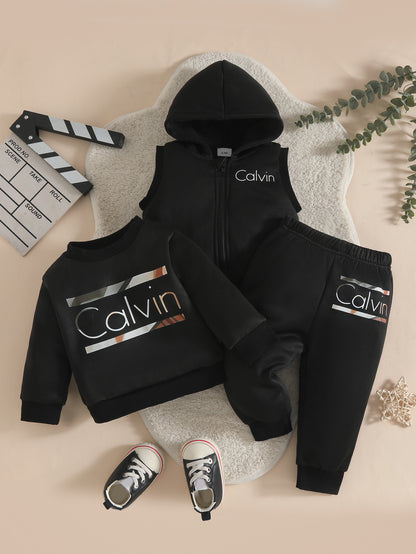 Wholesale 6M-3T Kids 3Pcs Calvin Letter Hooded Vest Sweatshirt Outfit Set, Soft Cotton Knit Unisex Toddler Top & Jogger Pants