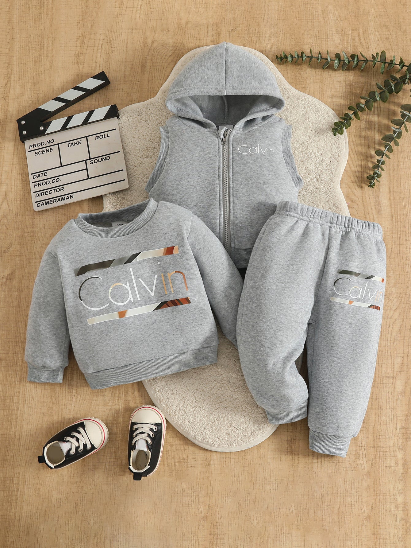 Wholesale 6M-3T Kids 3Pcs Calvin Letter Hooded Vest Sweatshirt Outfit Set, Soft Cotton Knit Unisex Toddler Top & Jogger Pants