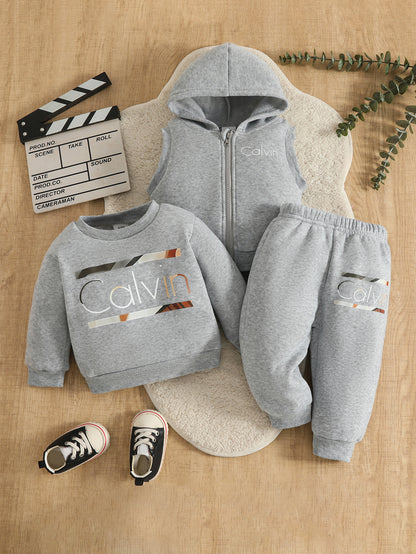 Wholesale 6M-3T Kids 3Pcs Calvin Letter Hooded Vest Sweatshirt Outfit Set, Soft Cotton Knit Unisex Toddler Top & Jogger Pants