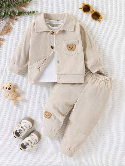 Wholesale 6M-3T Boys 3Pcs Bear Patch Corduroy Jacket Outfit Set, Soft Corduroy Collar Coat, Plain Tee & Jogger Pants Unisex Toddler Suit