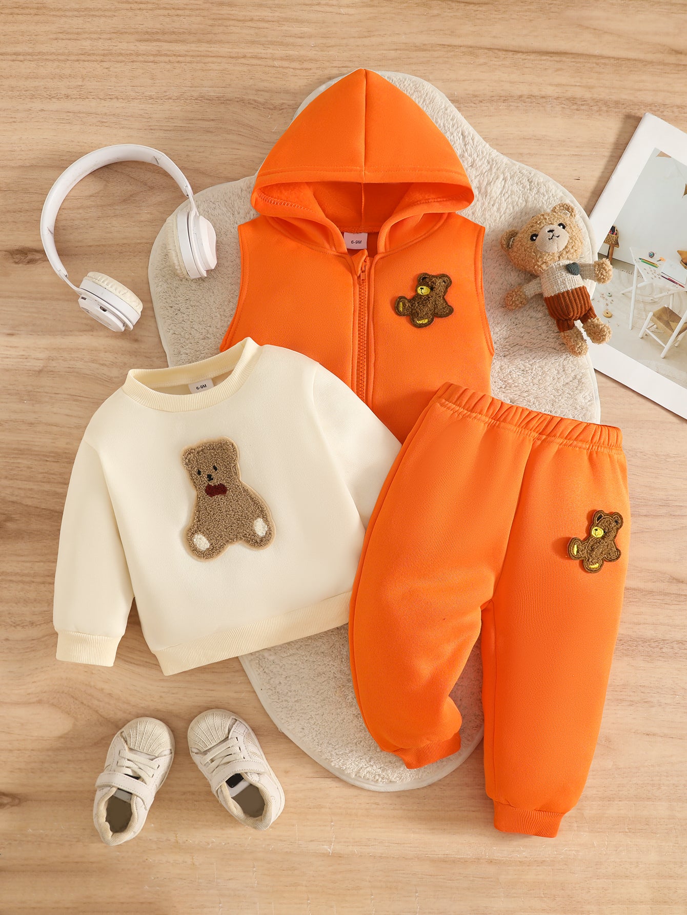 Wholesale 6M-3T Kids 3Pcs Bear Applique Hooded Vest Outfit Set, Soft Cotton Knit Unisex Toddler Sweatshirt & Jogger Pants