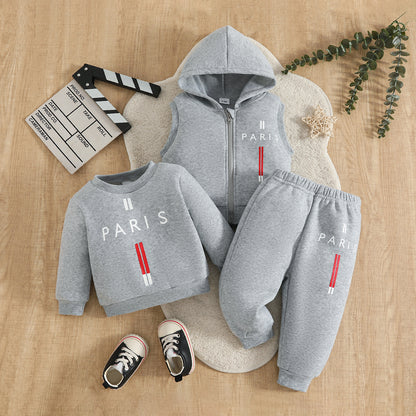 Wholesale 6M-3T Kids 3Pcs Paris Letter Hooded Vest Sweatshirt Outfit Set, Soft Cotton Knit Unisex Toddler Top & Jogger Pants
