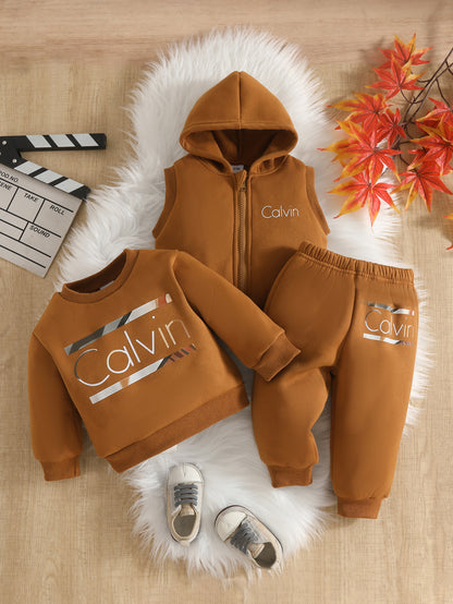 Wholesale 6M-3T Kids 3Pcs Calvin Letter Hooded Vest Sweatshirt Outfit Set, Soft Cotton Knit Unisex Toddler Top & Jogger Pants