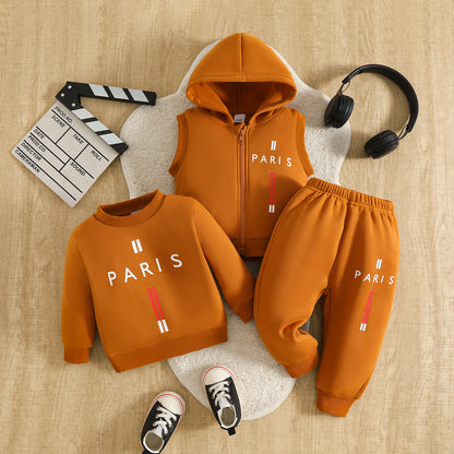 Wholesale 6M-3T Kids 3Pcs Paris Letter Hooded Vest Sweatshirt Outfit Set, Soft Cotton Knit Unisex Toddler Top & Jogger Pants
