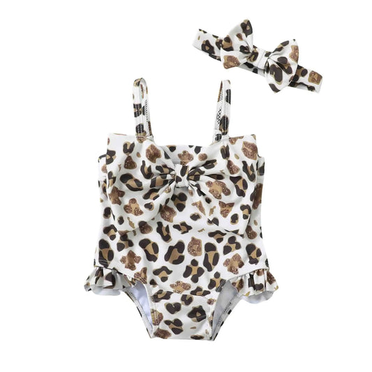 0-14Y Custom baby swimsuit Summer Cute Leopard Printed Baby One-Piece Swimsuit Bathing Suits Flutter Ruffle Sleeve Kids Wholesale Girls Tankini Swimwear Catpapa