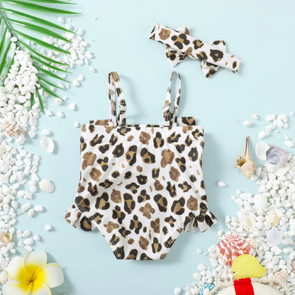 0-14Y Custom baby swimsuit Summer Cute Leopard Printed Baby One-Piece Swimsuit Bathing Suits Flutter Ruffle Sleeve Kids Wholesale Girls Tankini Swimwear Catpapa