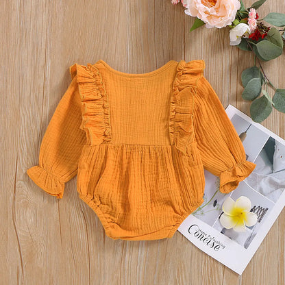 0-12M Custom design baby clothes Long Sleeve Lotus Leaf Layer Solid Color Full Infant Baby Girl Clothes Newborn Baby Fall-winter Bodysuit Romper Bodysuit ODM&OEM baby clothing wholesale Catpapa 1971573