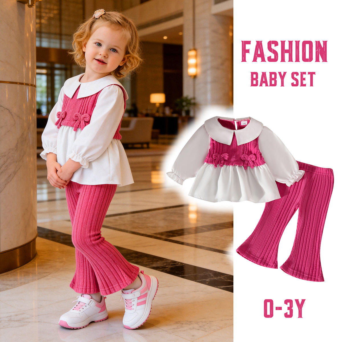 Wholesale 6M-3T Girls 2Pcs Bow Print Patchwork Long Sleeve Outfit Set, Soft Vertical Rib Knit Toddler Blouse & Flare Pants