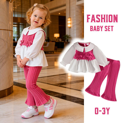 Wholesale 6M-3T Girls 2Pcs Bow Print Patchwork Long Sleeve Outfit Set, Soft Vertical Rib Knit Toddler Blouse & Flare Pants
