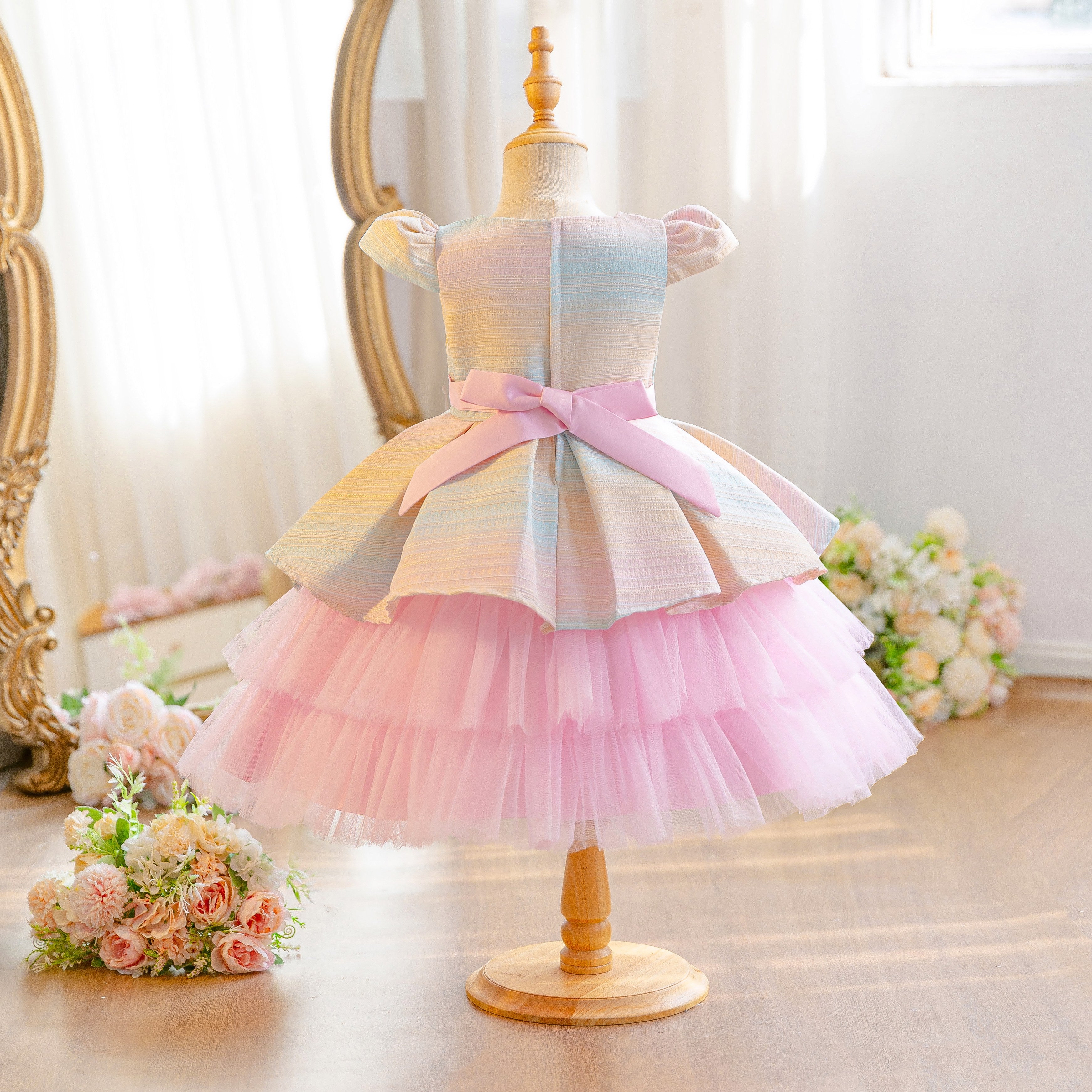 Wholesale 18M-7Y Girls Cap Sleeve Striped 3D Flower Tulle Princess Dress, Kids Birthday Party Soft Woven Mesh Formal Gown