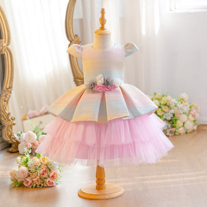 Wholesale 18M-7Y Girls Cap Sleeve Striped 3D Flower Tulle Princess Dress, Kids Birthday Party Soft Woven Mesh Formal Gown