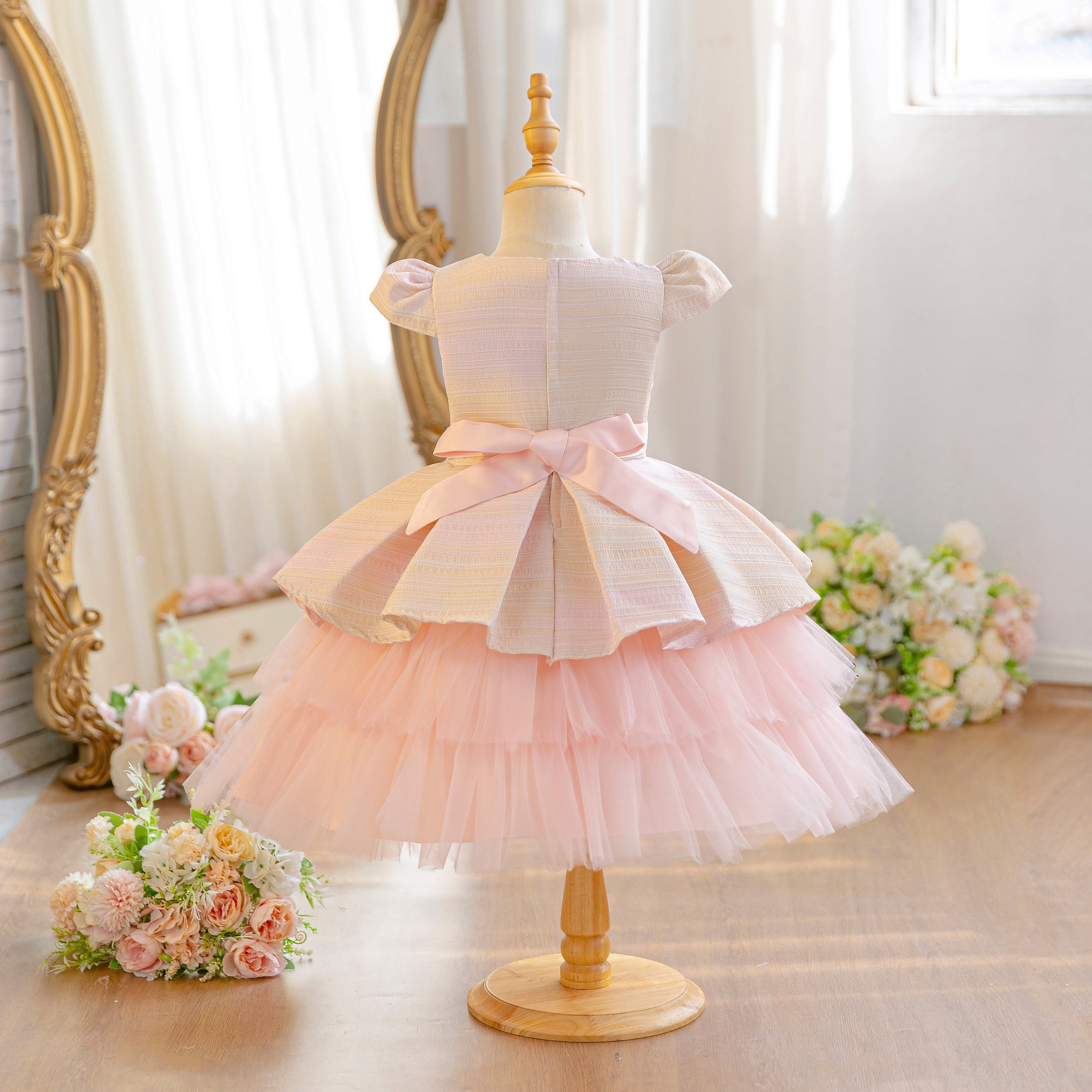 Wholesale 18M-7Y Girls Cap Sleeve Striped 3D Flower Tulle Princess Dress, Kids Birthday Party Soft Woven Mesh Formal Gown