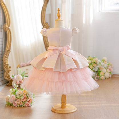 Wholesale 18M-7Y Girls Cap Sleeve Striped 3D Flower Tulle Princess Dress, Kids Birthday Party Soft Woven Mesh Formal Gown