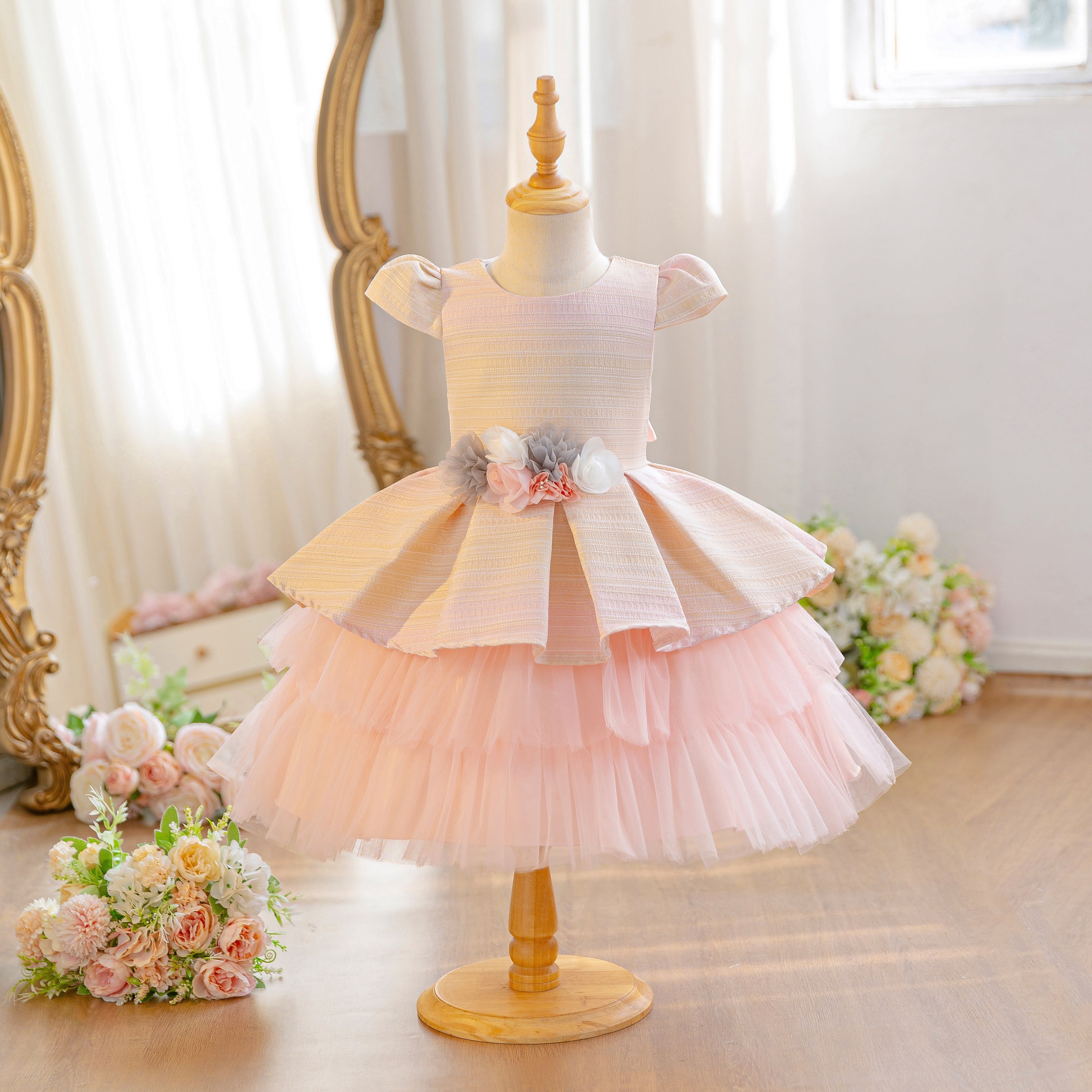 Wholesale 18M-7Y Girls Cap Sleeve Striped 3D Flower Tulle Princess Dress, Kids Birthday Party Soft Woven Mesh Formal Gown