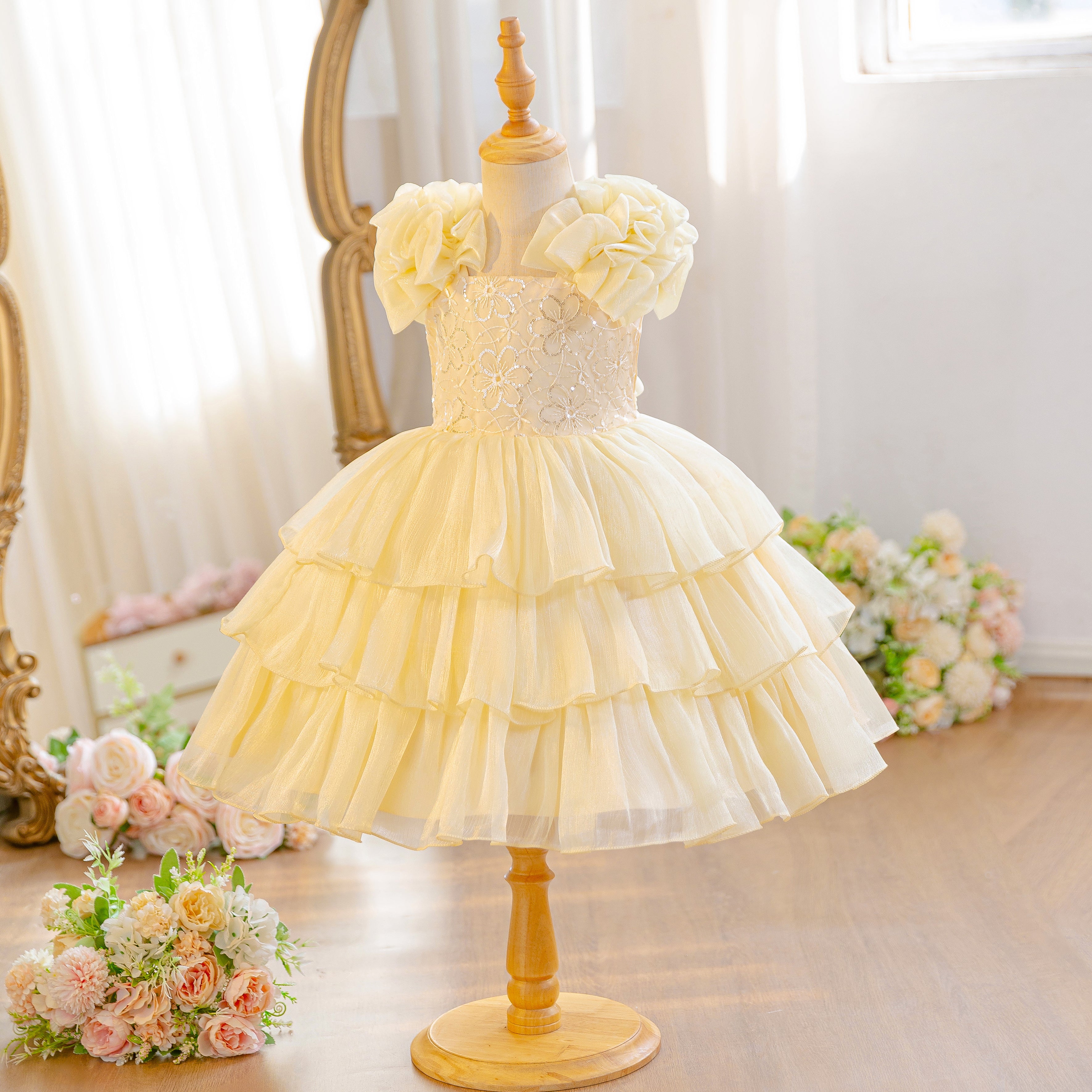 Wholesale Summer Mesh Princess Dress for Wholesale Teen Girls Clothes Set | Floral Print Kids Birthday Party Outfit | Breathable Toddler OOTD 2-7Y