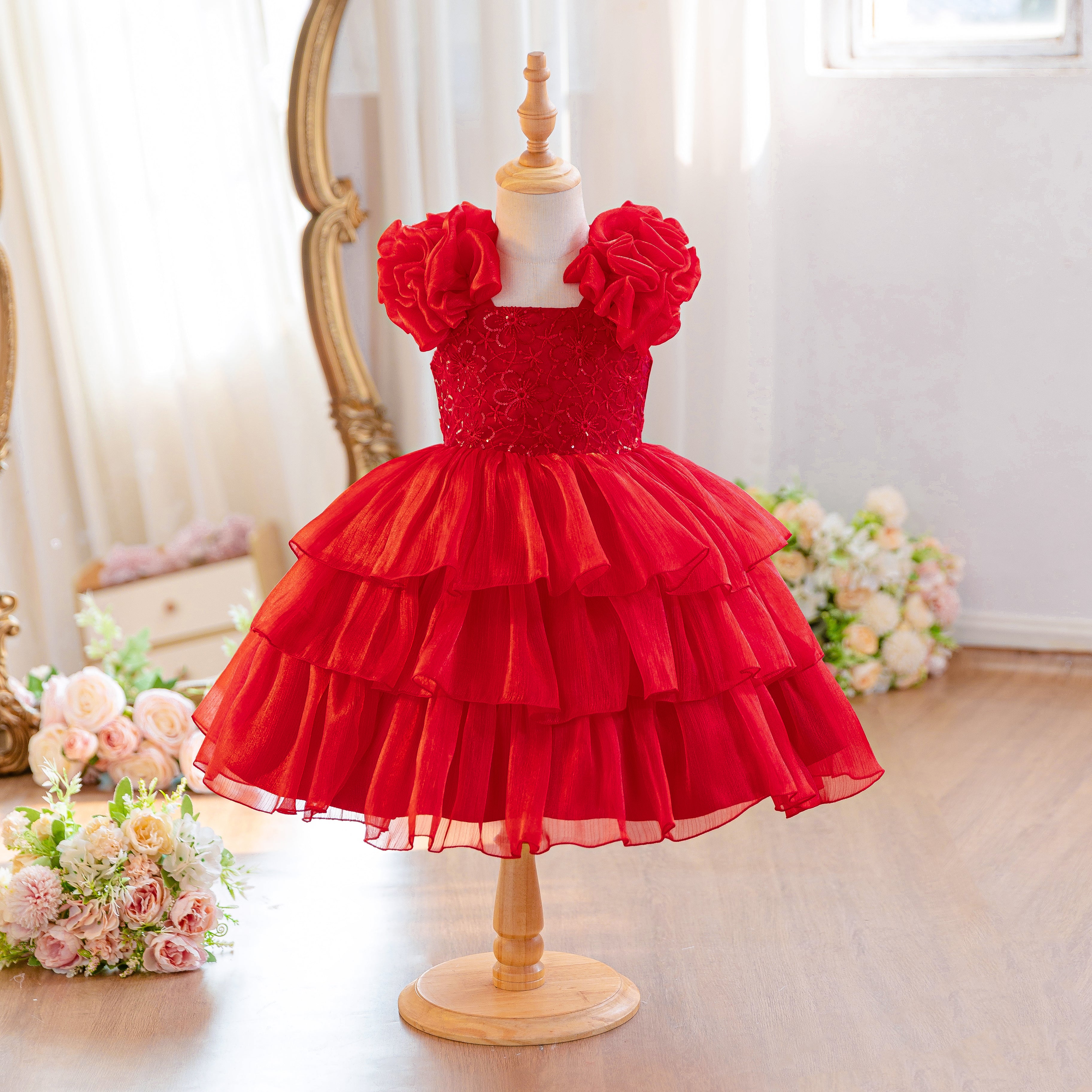 Wholesale Summer Mesh Princess Dress for Wholesale Teen Girls Clothes Set | Floral Print Kids Birthday Party Outfit | Breathable Toddler OOTD 2-7Y