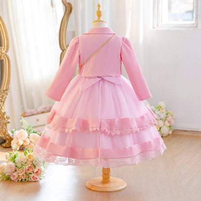 Wholesale 5-10Y Girls 3Pcs Waffle Lace Tiered Tulle Princess Dress Set, Kids Birthday Party Lapel Jacket Soft Fabric Formal Outfit With Mini Chain Bag