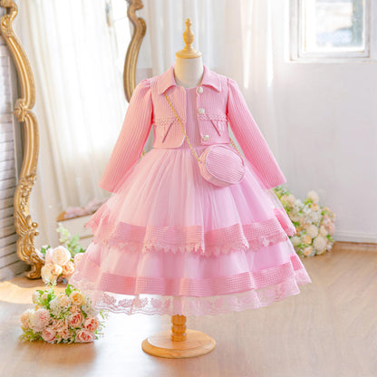 Wholesale 5-10Y Girls 3Pcs Waffle Lace Tiered Tulle Princess Dress Set, Kids Birthday Party Lapel Jacket Soft Fabric Formal Outfit With Mini Chain Bag