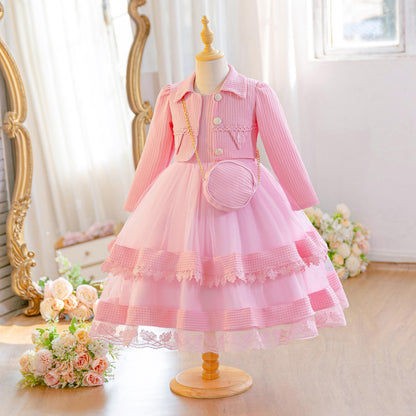 Wholesale 5-10Y Girls 3Pcs Waffle Lace Tiered Tulle Princess Dress Set, Kids Birthday Party Lapel Jacket Soft Fabric Formal Outfit With Mini Chain Bag
