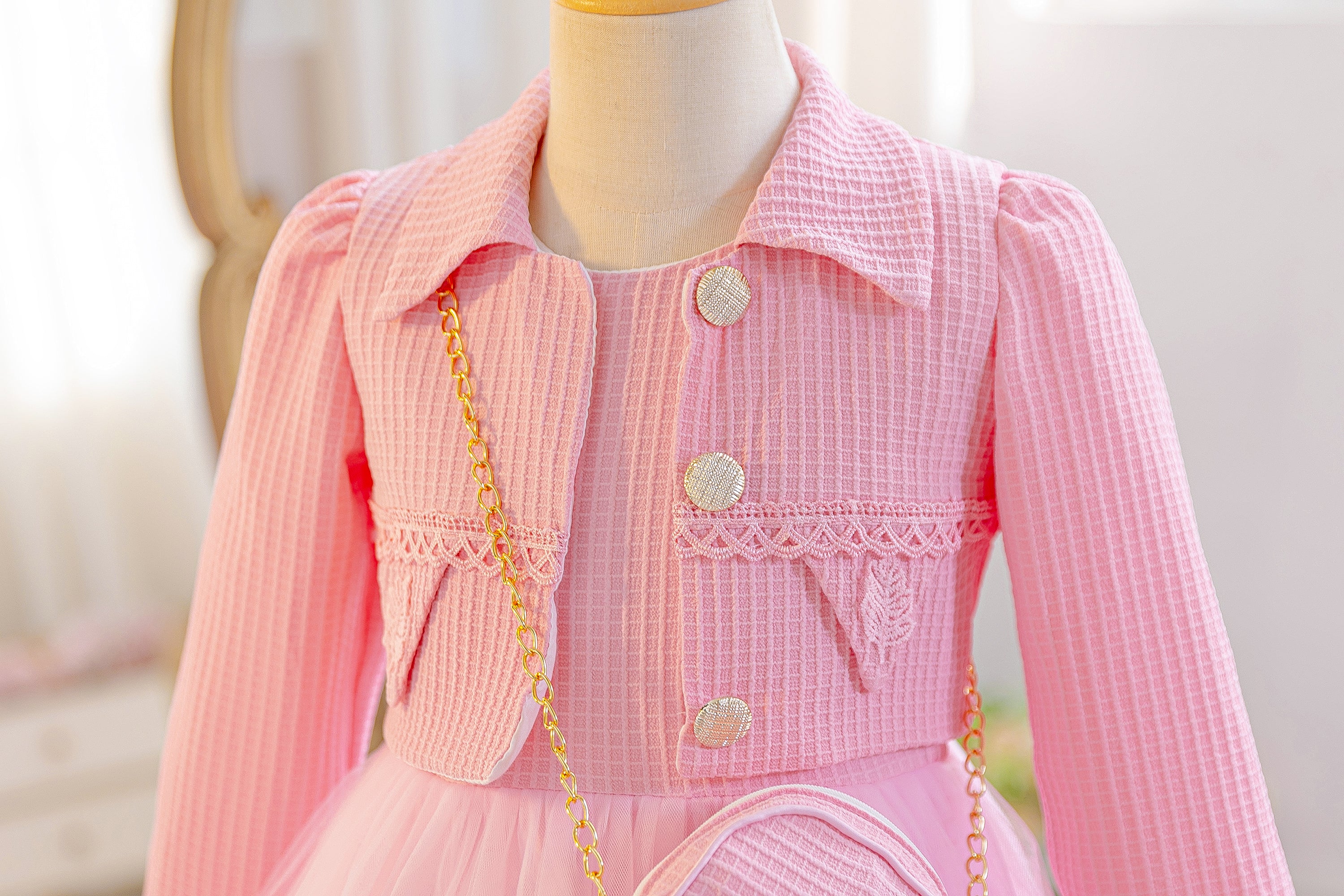 Wholesale 5-10Y Girls 3Pcs Waffle Lace Tiered Tulle Princess Dress Set, Kids Birthday Party Lapel Jacket Soft Fabric Formal Outfit With Mini Chain Bag