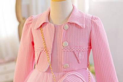 Wholesale 5-10Y Girls 3Pcs Waffle Lace Tiered Tulle Princess Dress Set, Kids Birthday Party Lapel Jacket Soft Fabric Formal Outfit With Mini Chain Bag