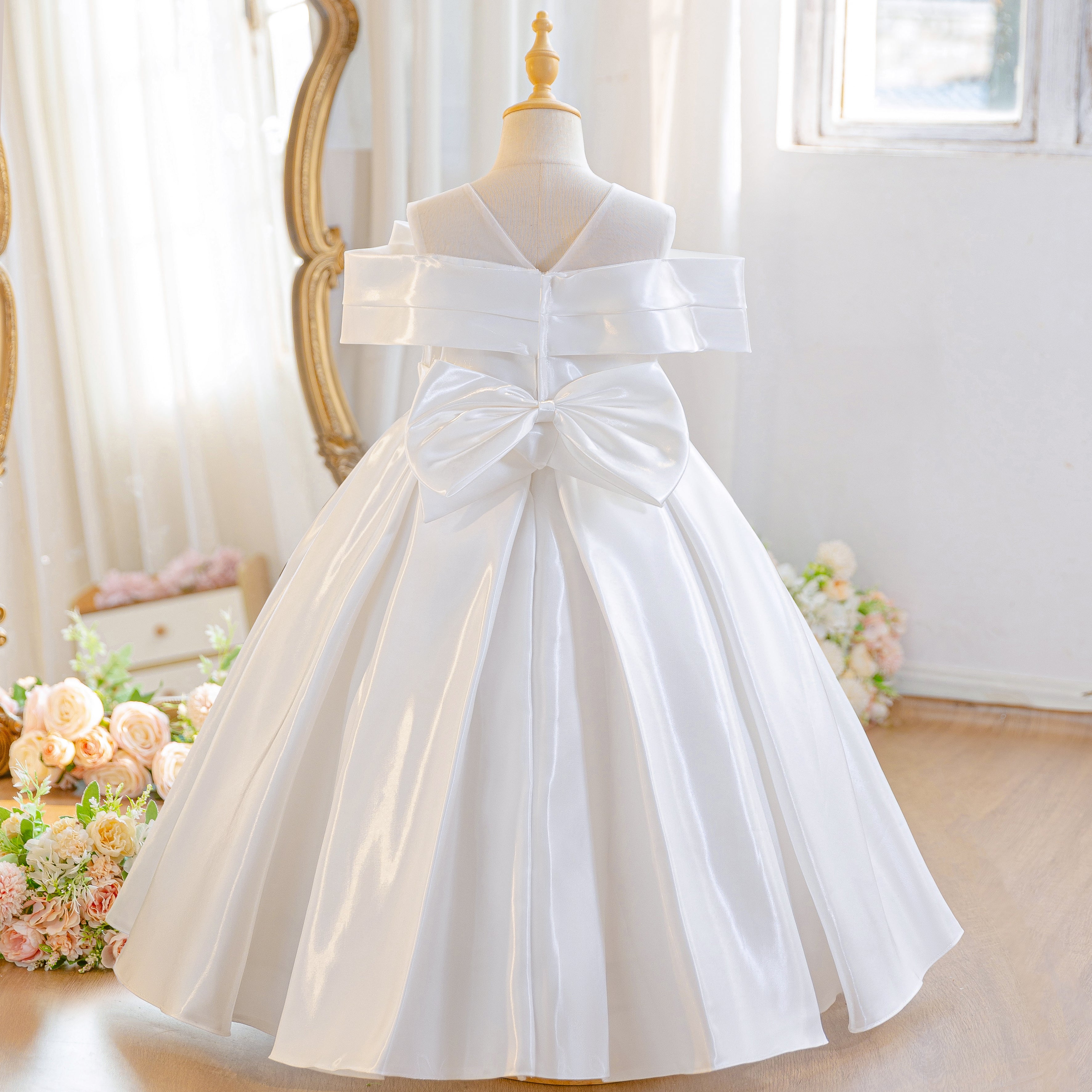 Wholesale 5-11Y Girls Off Shoulder Satin Princess Dress, Kids Birthday Party Rhinestone Bow Soft Satin Formal Gown