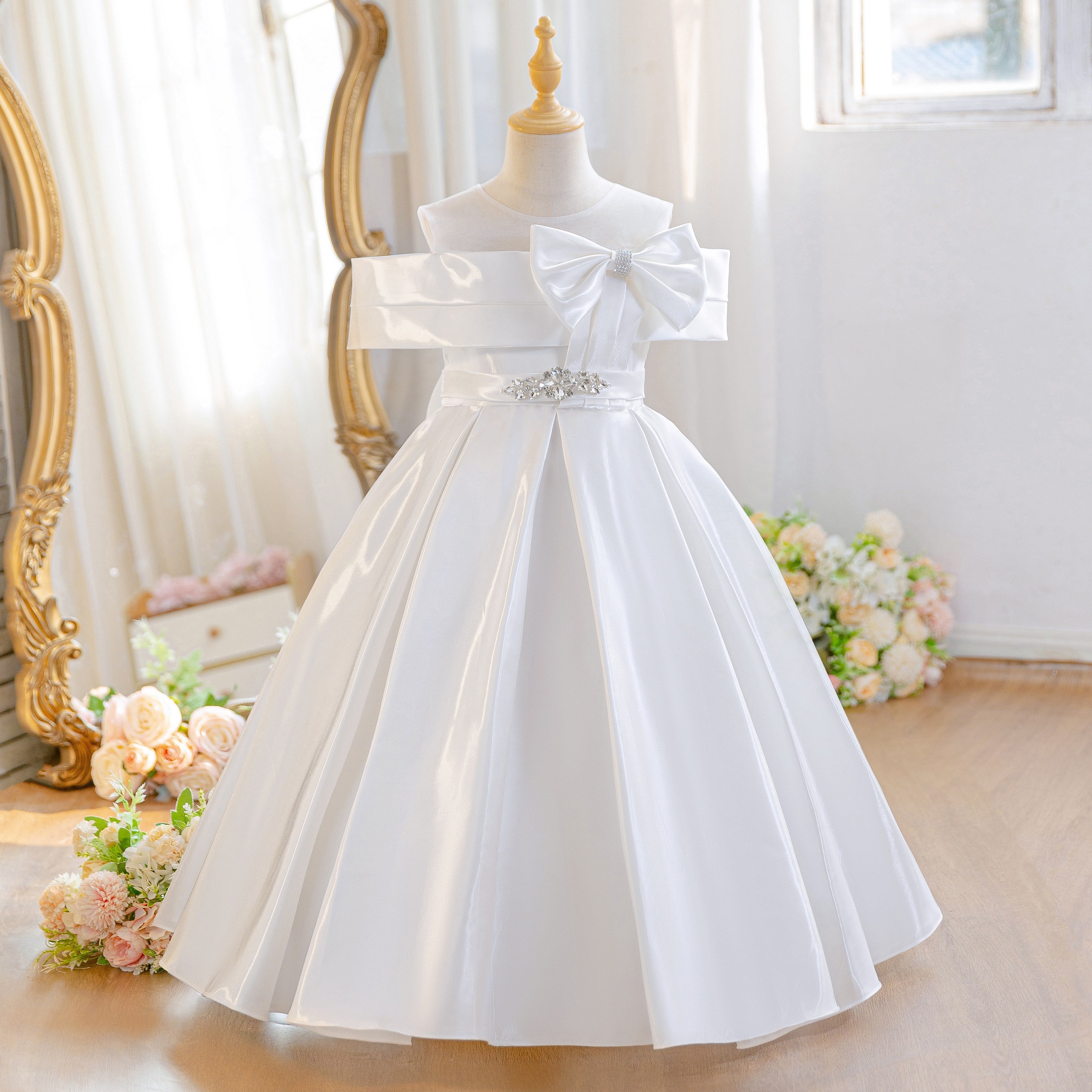 Wholesale 5-11Y Girls Off Shoulder Satin Princess Dress, Kids Birthday Party Rhinestone Bow Soft Satin Formal Gown